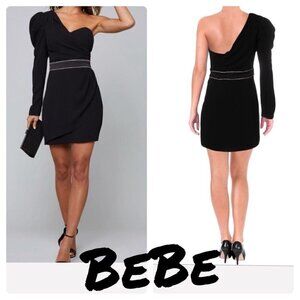 Bebe One Shoulder Crepe Satin Trim Jeweled rhinestone black Mini Dress